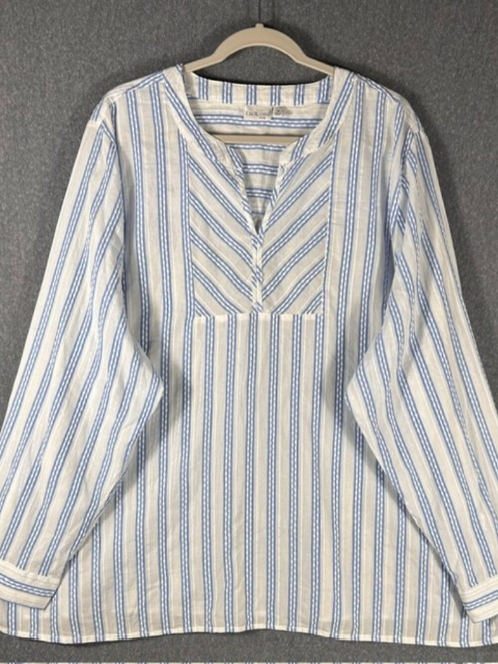 Kim Rogers Tunic Blouse Womens Sz 3X White Blue Stripes Curvy Coastal Long Sleev